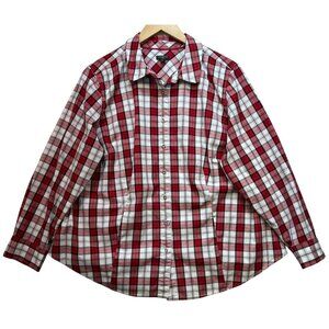 Talbots Plus Women's Cotton Button Up Blouse Long Sleeve Size 18W Red White Plai